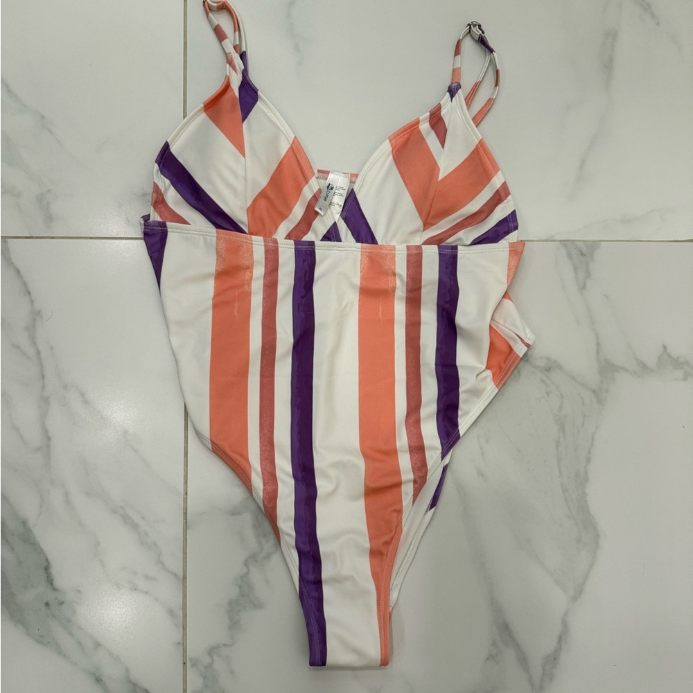 Cupshe Pink and Purple Striped Women's One Piece Swimsuit - Picture 2 of 4